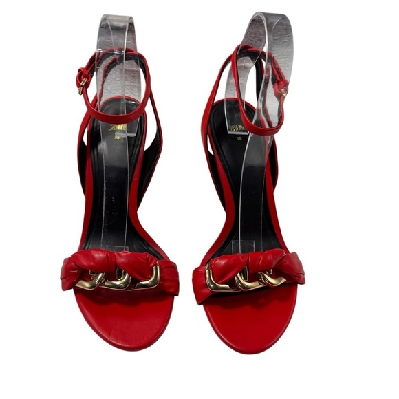 Zara red leather ankle strap gold chain link heels size 38 blogger favorite - Picture 2 of 8